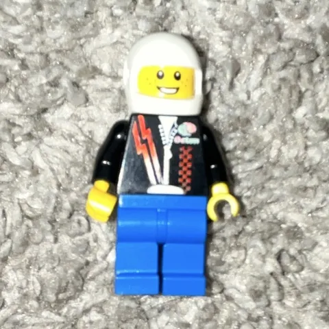 LEGO Minifigure White Helmet, Black Racing Torso, Blue Legs Plastic