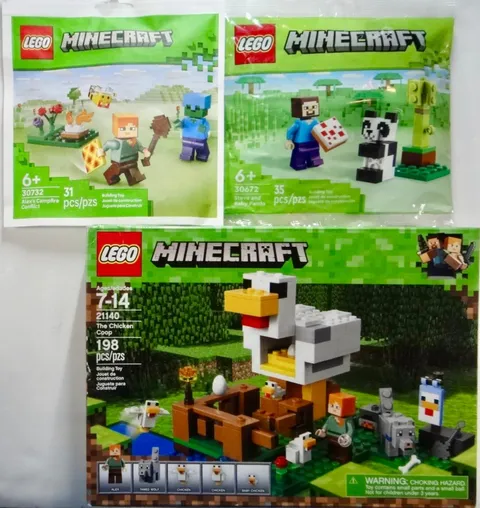 LEGO Minecraft: 21140 Chicken Coop, 30672 Steve & Panda, 30732 Alex's Campfire