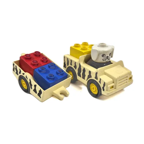 Vintage LEGO DUPLO Safari Jeep Trailer Dog Figure Cargo Bricks 4.7"