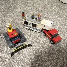 LEGO White Caravan RV Trailer w/ 3 Minifigures, Red Truck, Snowmobile/Sled
