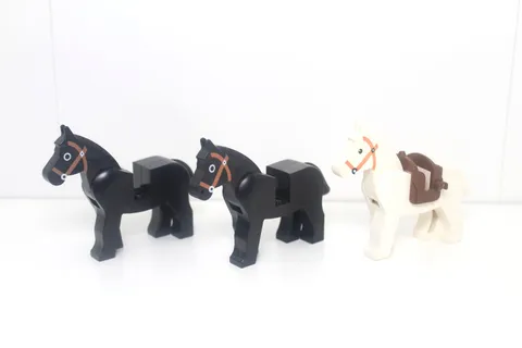 Lot of 3 LEGO Classic Castle Horse Minifigures: Two Black & One White w/ Saddle