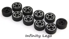 10 LEGO Low Profile Tires / Tyre Rim Wheel Black with Silver (50944) - 10 Pieces