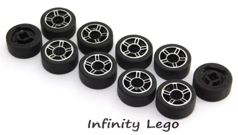 10 LEGO Low Profile Tires / Tyre Rim Wheel Black with Silver (50944) - 10 Pieces