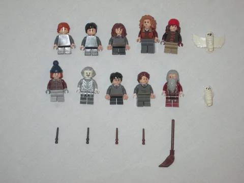 Harry Potter Lego Minifigure Lot Figures, Hedwig the Snowy Owl, Wands, Broom