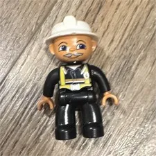 LEGO Construction Worker Minifigure Black Outfit White Hard Hat Mustache
