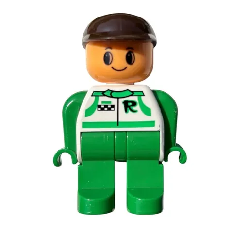 Lego VINTAGE 90s Duplo Racer Minifigure Green White Racing Suit Brown Cap Figure