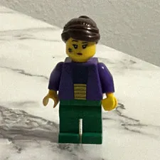 LEGO Minifigure Female Dark Brown Hair Purple Jacket Torso Green Legs