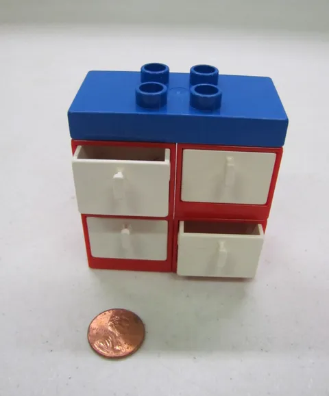 Lego Duplo Red Cabinet w/ 4 White Drawers Dresser For Room Vtg House Blue Top