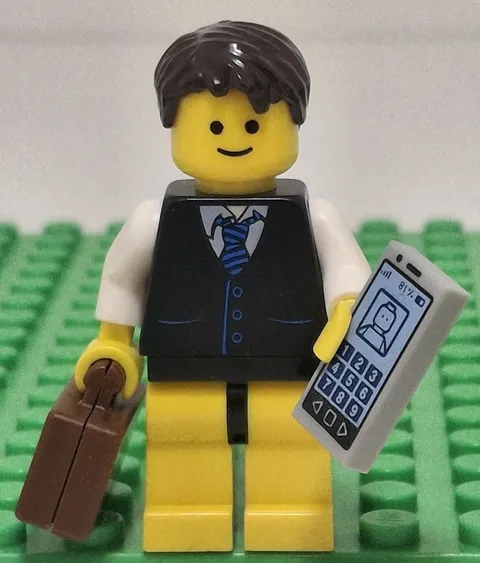 Lego Businessman Minifigure Black Yellow Suit Stripe Tie Suitcase Smartphone