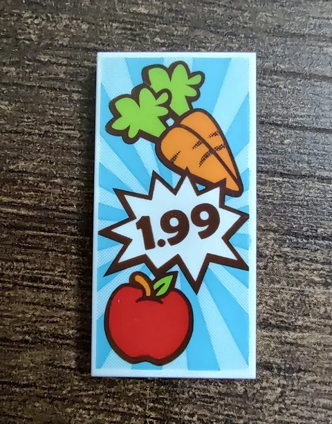 LEGO SUPERMARKET SIGN 2x4 WHITE TILE CARROTS APPLE 1.99 PRICE FOOD PATTERN PIECE