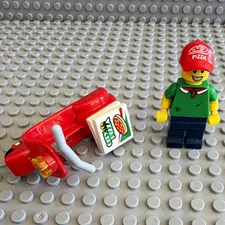 LEGO Pizza Delivery Worker Minifigure - Red Scooter, Pizza Box, Red Cap