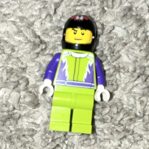 LEGO Minifigure Purple Jacket, Lime Green Legs, Black Hair Plastic