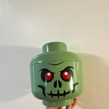 LEGO Green Skeleton Face Storage Head Container w/ Lid, Stackable Plastic