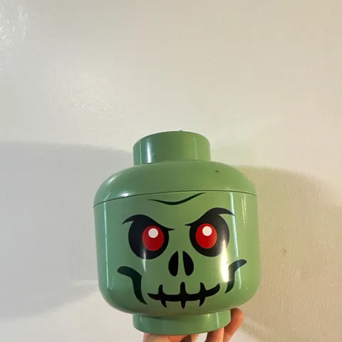 LEGO Green Skeleton Face Storage Head Container w/ Lid, Stackable Plastic