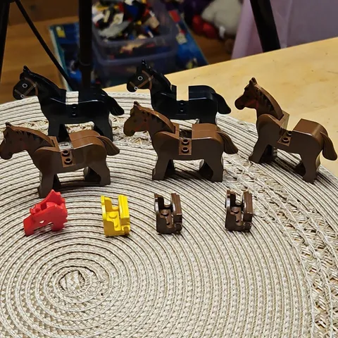 LEGO Castle Horse Lot Brown Black w/ Dragon Mask Saddle Pieces Yellow Brown