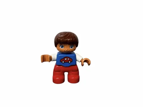 Lego Duplo 2.5” Figure Red Pants Blue Top W/ Car Graphic Brown Hair