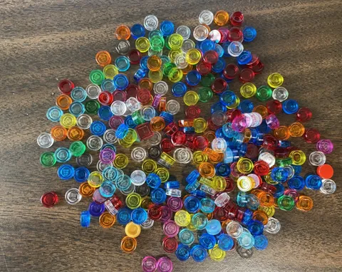 LEGO Parts: LOT OF 280 TRANS ROUND SMOOTH TILE 1X1 MIXED COLORS 98138 35381