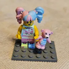 LEGO Plastic Minifigure Girl w/ Blue & Pink Pigtails Hair, Pink Teddy Bear