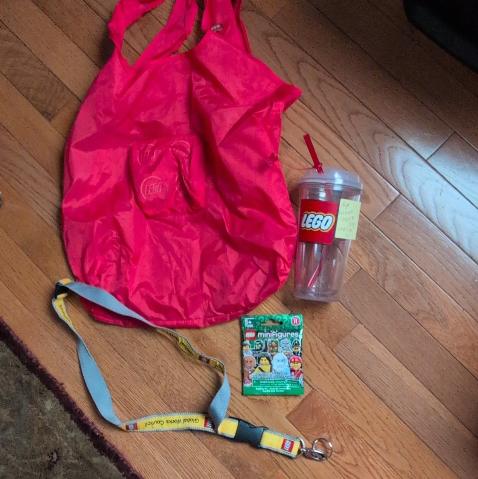 LEGO Red Tote Bag Cup with Straw Lanyard Minifigures Series Pack Lightweight