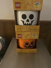 LEGO Small Storage Pumpkin & Skull Heads Halloween Candy Bowls w/ Lid NEW