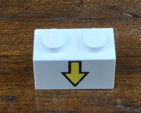 LEGO White Brick 1 x 2 with Yellow Down Arrow (6925) part #1x3004p03