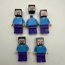 LEGO Minecraft Steve Minifigure Lot of 5 + Extra Head Blue Purple Figures