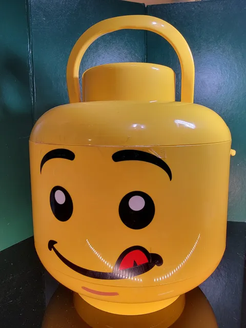 LARGE YELLOW LEGO TONGUE OUT UP STORAGE CONTAINER 12" TALL WITH TRAYS