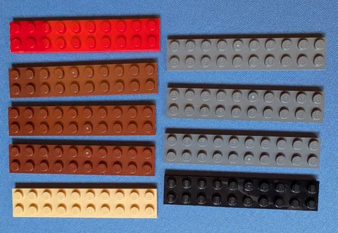 9 LEGO parts pieces, plate 2x10 #3832, red, brown, gray, black, tan