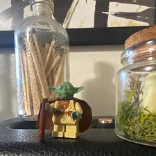 Vintage LEGO StarWars Yoda Minifigure w/Brown Cape & Staff, Plastic/Fabric