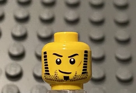 LEGO Yellow Minifig Head, Black Sideburns, Eyelashes, Goatee, Smirk, Stubble