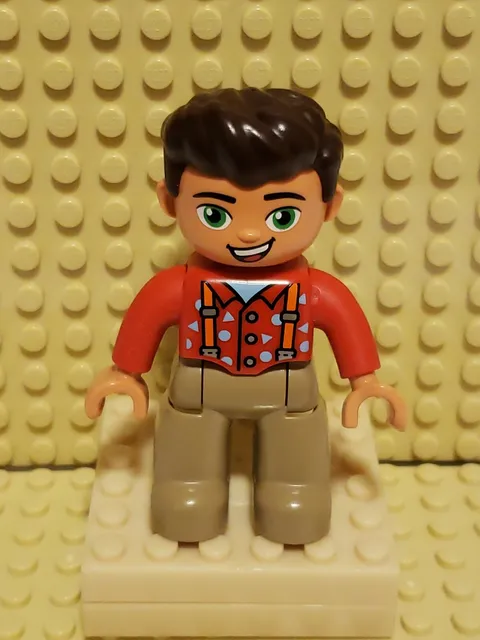 LEGO Duplo Man Male Red Shirt Orange Suspenders Green Eyes Figure Only