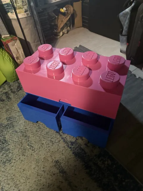 3 Stackable set of Lego Storage Containers 8 Top, Blue Drawers Pink & Skull Stud