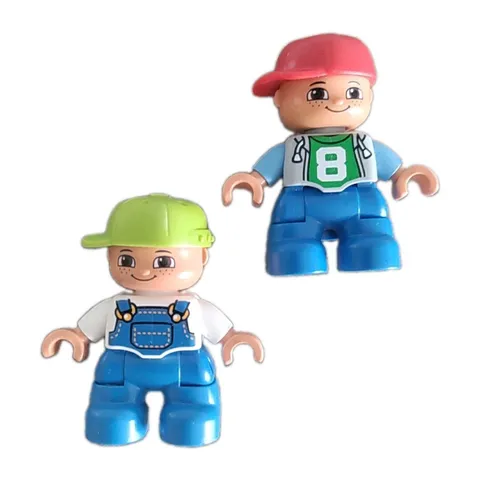 Duplo Lego Lot of 2 Boys, Wearing #8 and Wearing Overalls Moveable Arms/Legs 