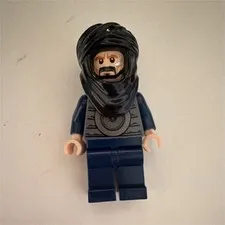 LEGO Minifigure Gray Printed Torso Dark Blue Legs Black Head Wrap/Hood