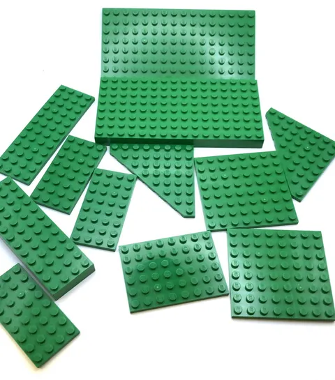12 Green Lego Base Plates 2- 16x8, 2 - 4X12, 2- 2x8, 1-6x8, 3-4x8 & 2 triangle