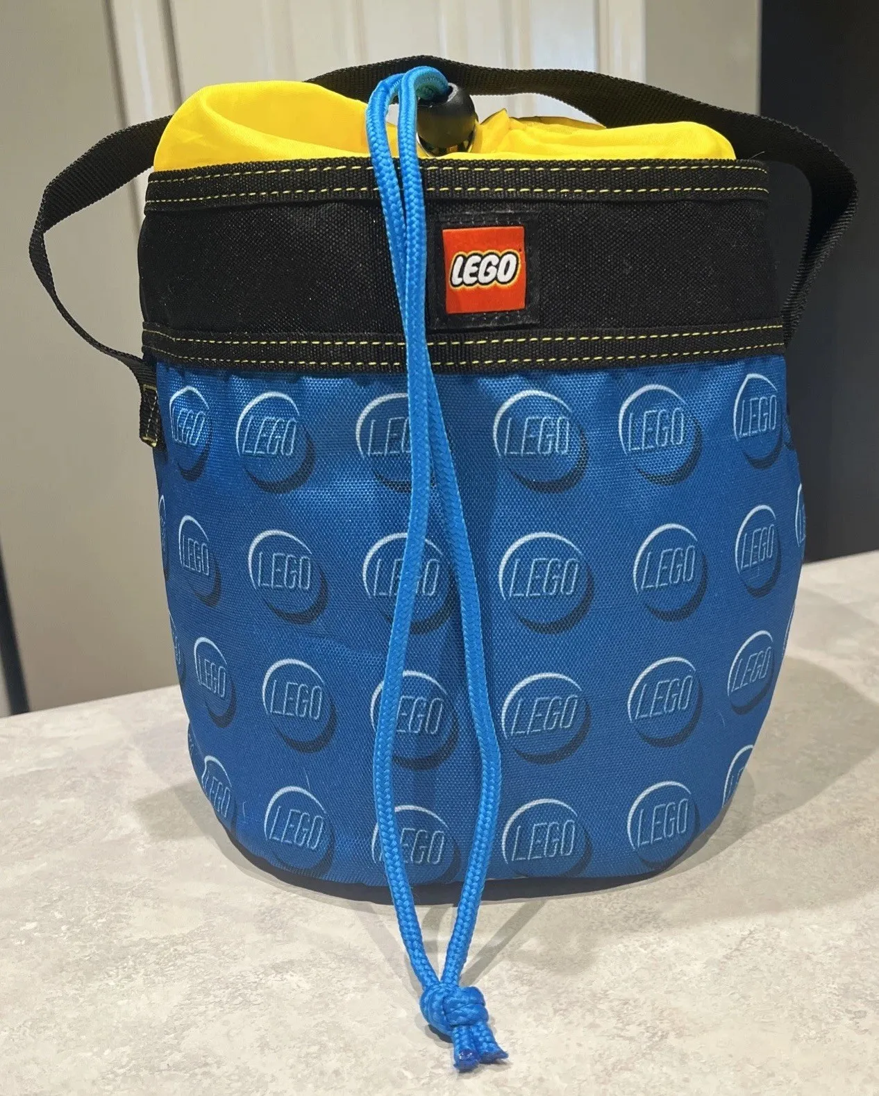 Lego Storage Drawstring Cinch Sack Bag Travel Yellow Blue 7.5” Diameter x 12”