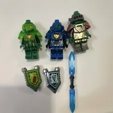 LEGO Nexo Knights Lot - 3 Figures, 2 Shields, Blue Double-Bladed Sword
