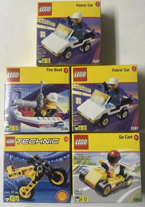 Vintage LEGO Shell Promo Lot Go Cart Fire Boat Patrol Car New sealed 5 sets