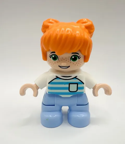 Lego Duplo Figure Girl, Blue/White Clothes, Freckles, Red Hair