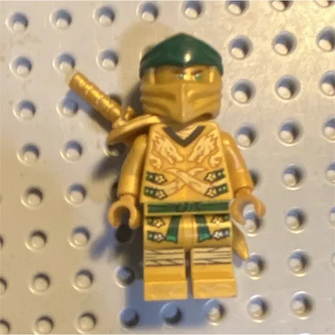 LEGO Gold & Green Ninja Minifigure w/ Gold Sword Back Accessory Green Hair