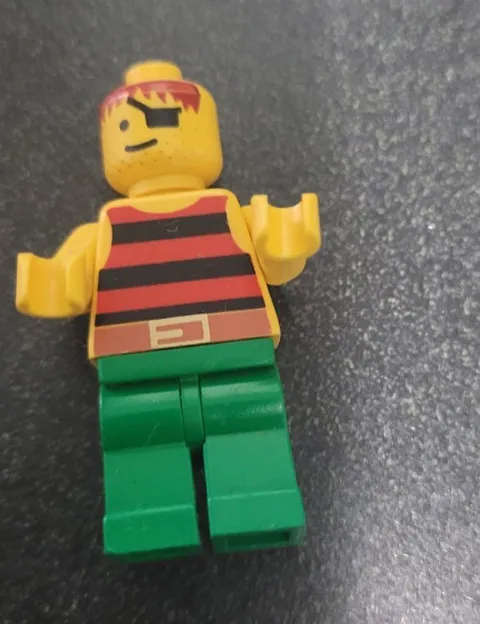 LEGO Minifigure Yellow Head Red Bandana Red/Black Striped Torso Green Legs