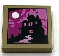Lego New Dark Tan Tile 2 x 2 w/ Picture of Black Haunted Mansion Silhouette Part