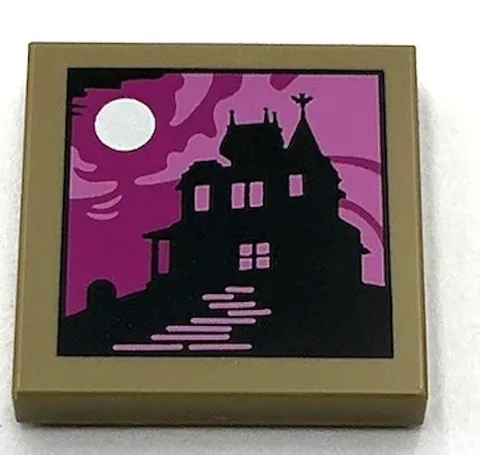 Lego New Dark Tan Tile 2 x 2 w/ Picture of Black Haunted Mansion Silhouette Part