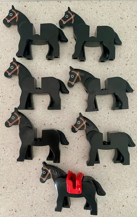 Vintage Lot of 7 LEGO Horse Figures Black One w/ Red Saddle Moveable Heads