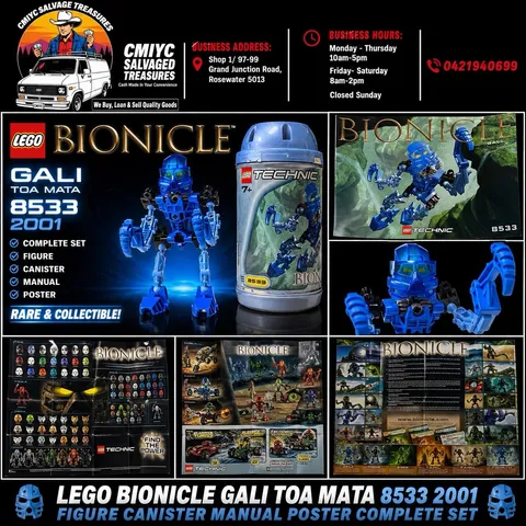 LEGO Bionicle Gali Toa Mata 8533 2001 Figure Canister Manual Poster Complete Set