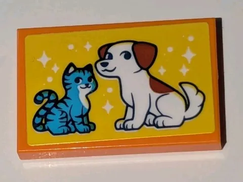 LEGO ORANGE 2X3 TILE WITH BLUE CAT KITTEN WHITE DOG PUPPY PATTERN PART SET 42650