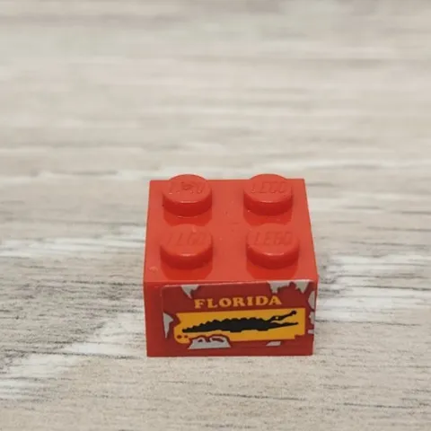 Lego 3003pb101 Red Brick 2 x 2 with Yellow FLORIDA and Black Crocodile Pattern