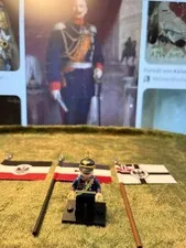 1x Mini 54mm Kaiser Wilhelm II +3x WWI Flags on Genuine Lego Flagpoles & Base