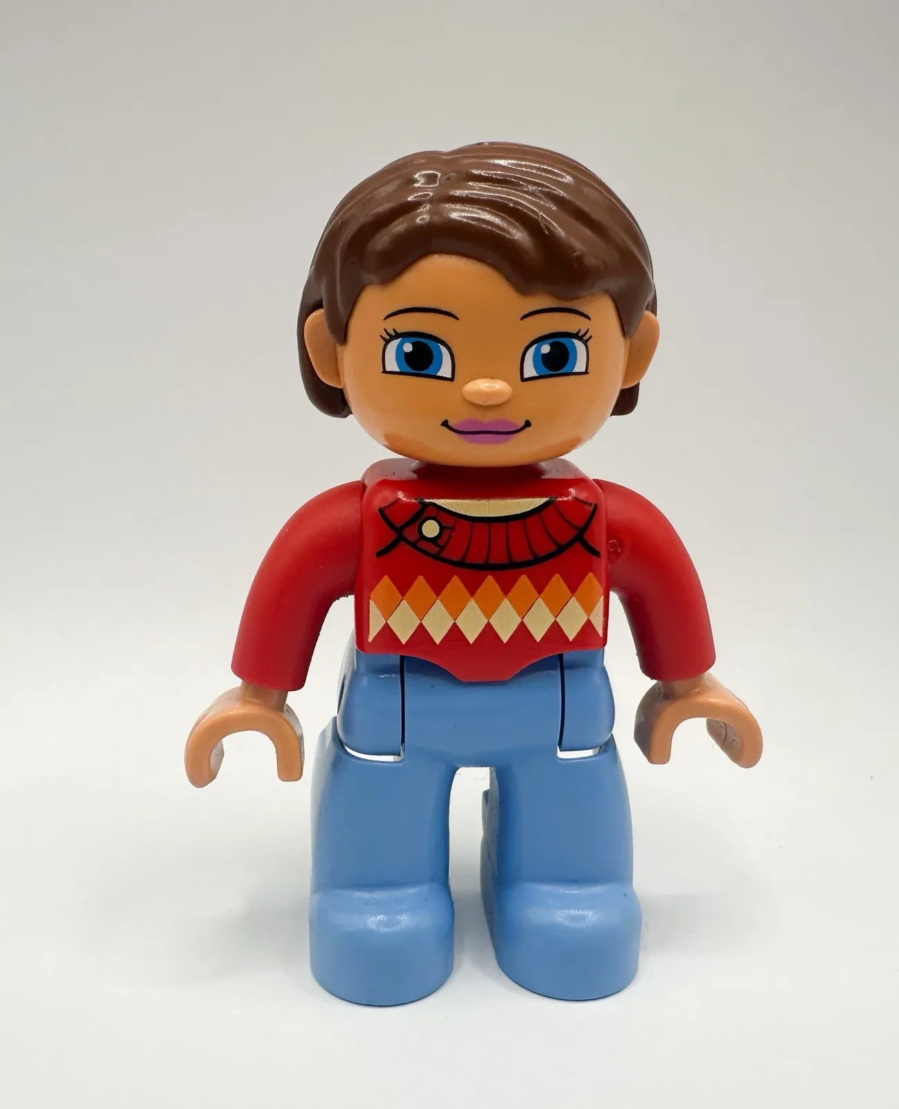 Lego Duplo Figure Woman, Red Argyle Sweater *DISCOLORED ON BACK*