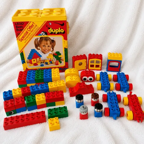 LEGO Duplo Vintage Mixed Lot 55 Pieces Figures Wheels Storage Box Blocks Doors